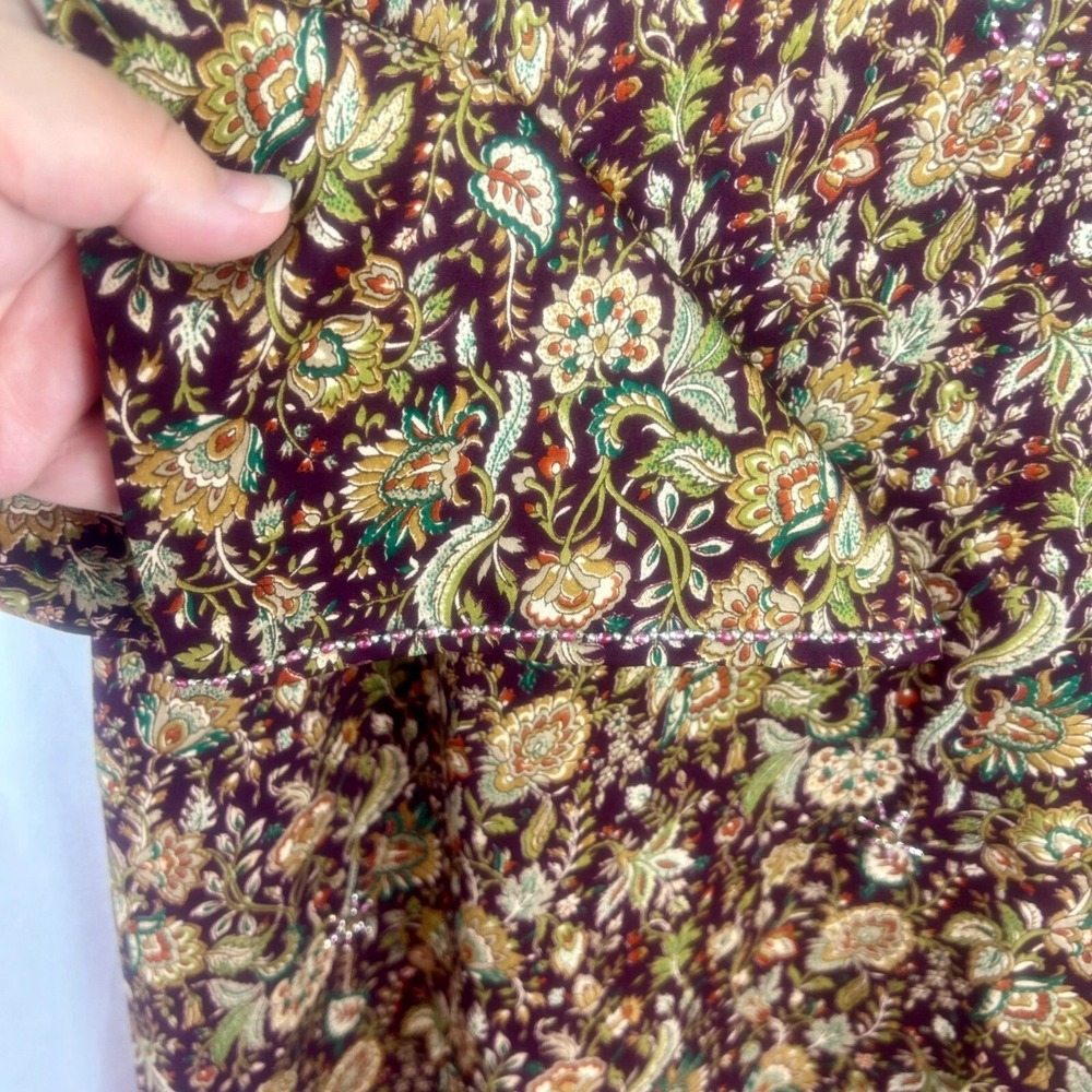 NEW Camie Floral Silk Tunic Blouse Women XL Red Tan Beaded Made in India Paisley - Picture 6 of 8